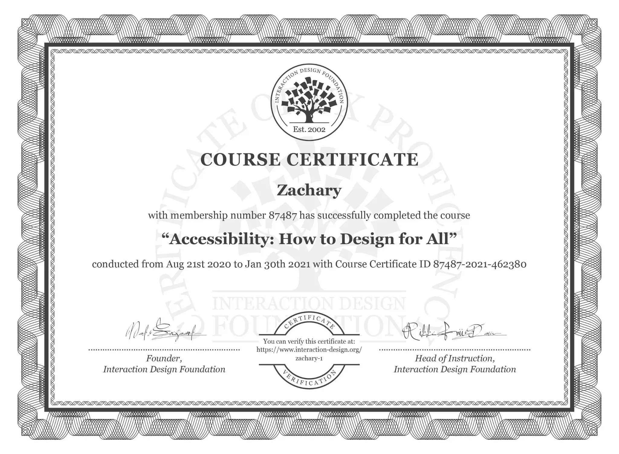 Course certificate for Accessibility: How to Design for All, awarded to Zachary