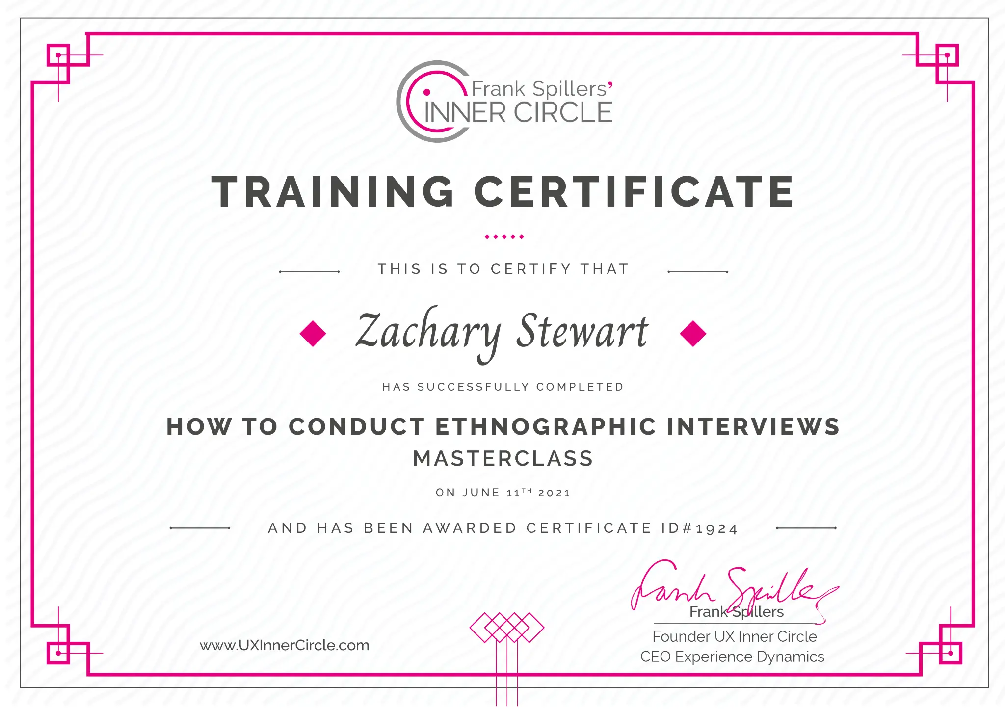 UX Inner Circle certificate for How to Conduct Ethnographic Interviews, awarded to Zachary Stewart