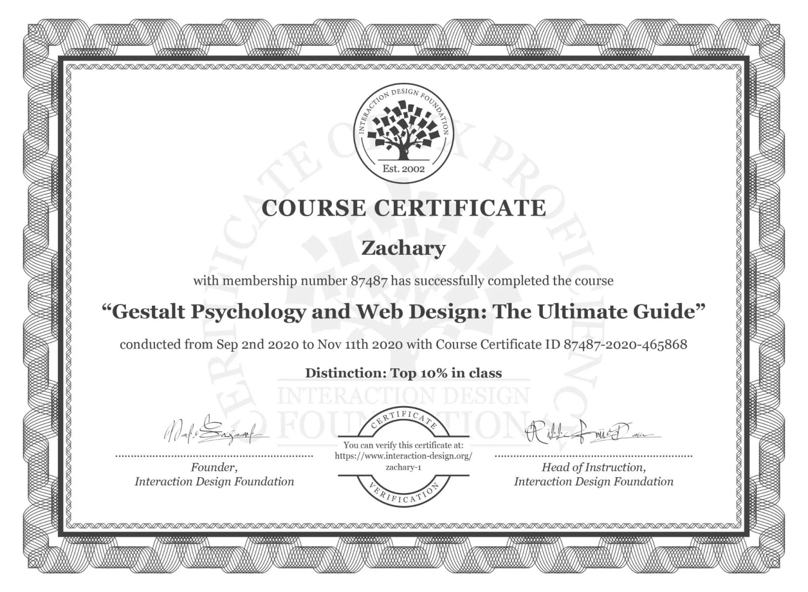 Course certificate for Gestalt Psychology and Web Design, awarded to Zachary
