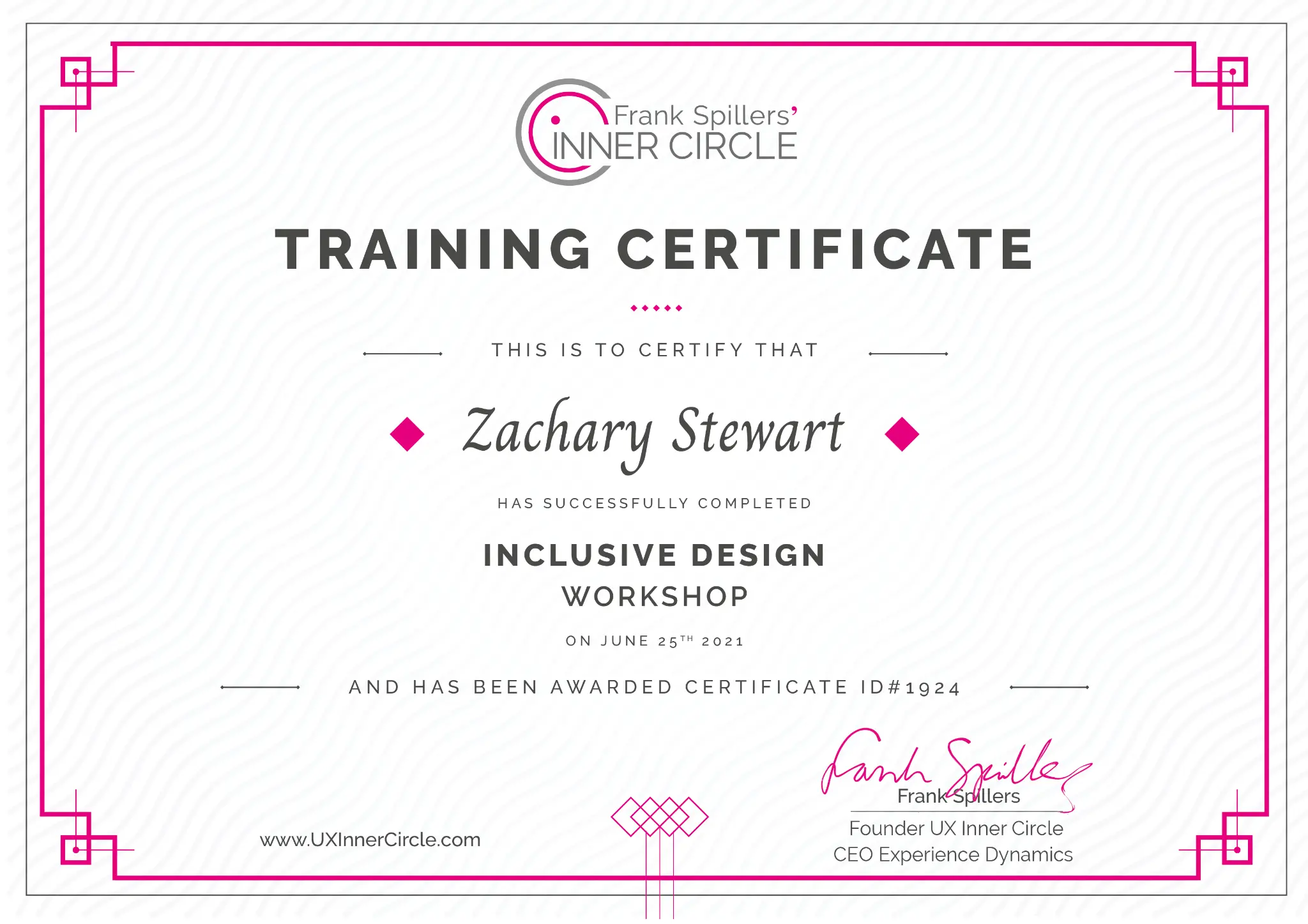 UX Inner Circle certificate for Inclusive Design Workshop, awarded to Zachary Stewart