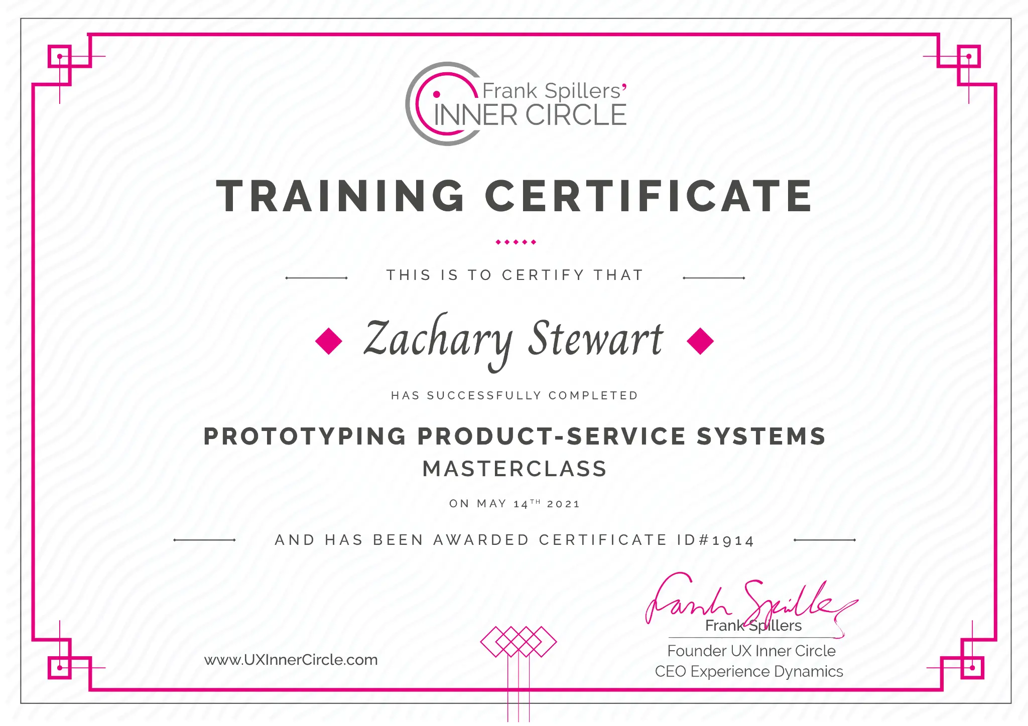 UX Inner Circle certificate for Prototyping Product-Service Systems, awarded to Zachary Stewart