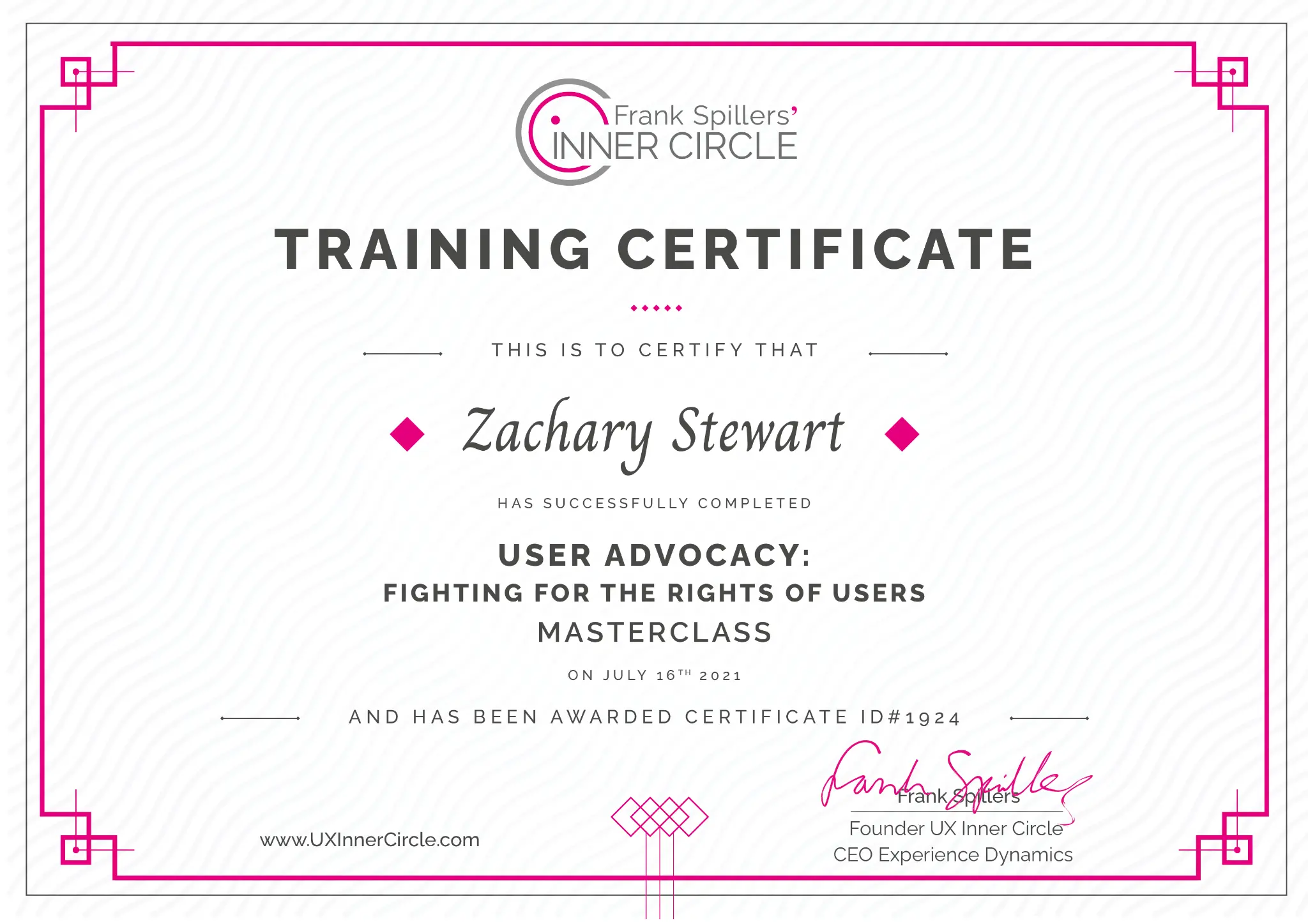 UX Inner Circle certificate for User Advocacy, awarded to Zachary Stewart