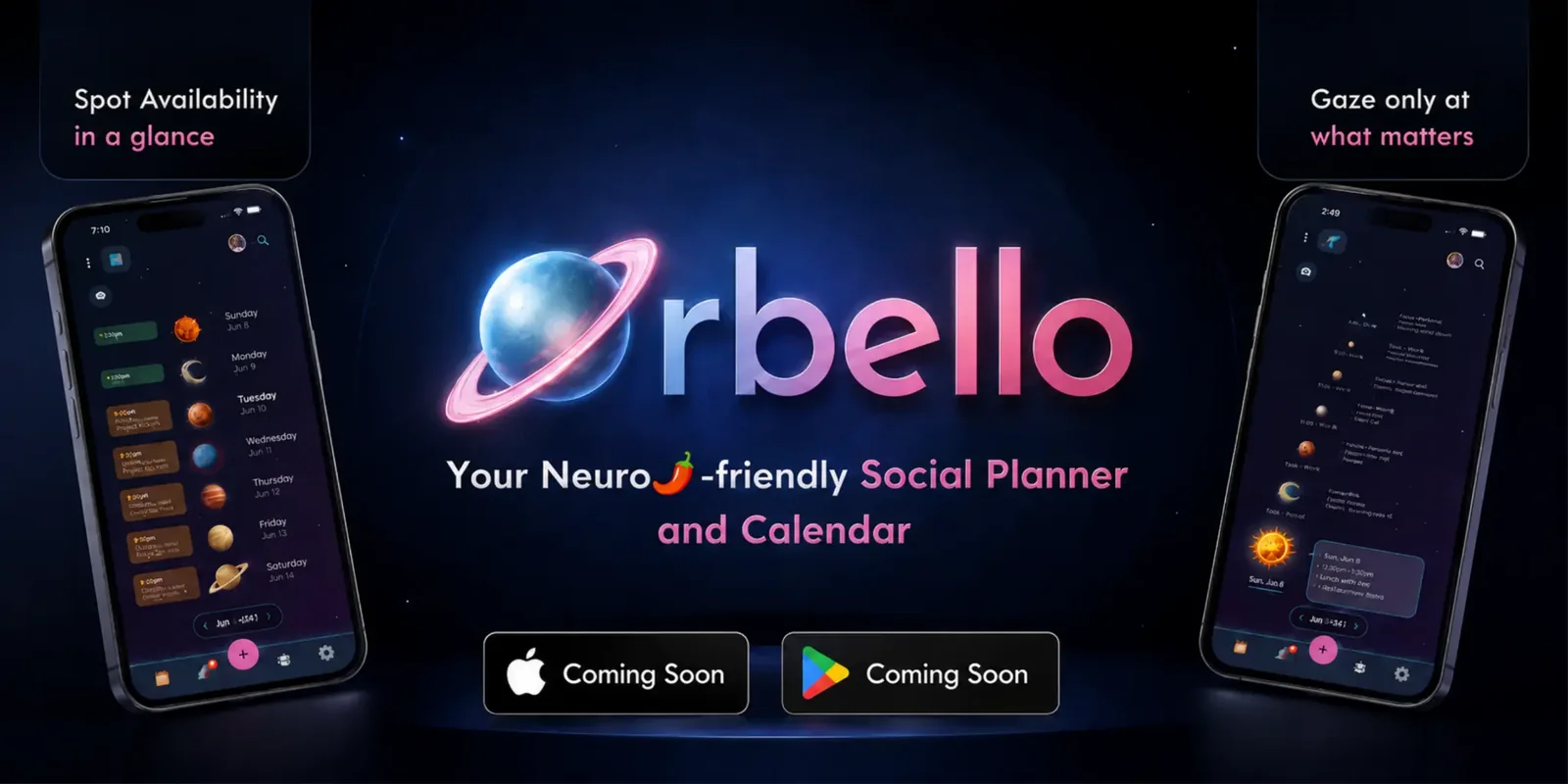 Orbello social planner and calendar banner showing the product logo, mobile calendar screens, and coming soon notices for iOS and Android.