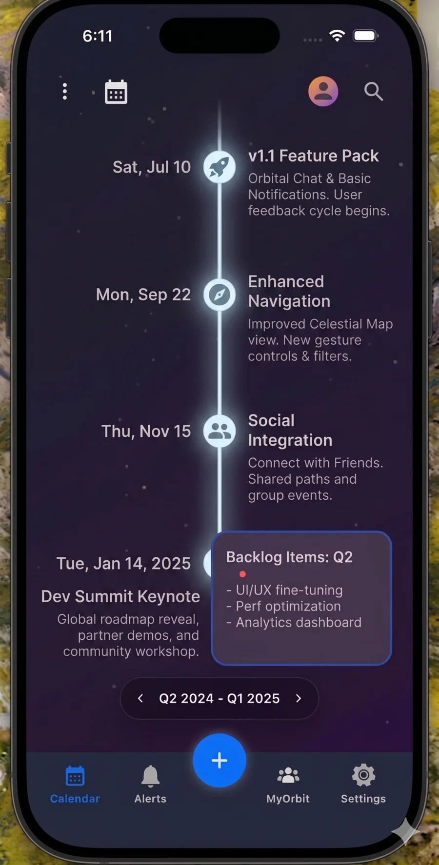 Concept phone UI of a glowing vertical product roadmap timeline generated from sketches via Gemini
