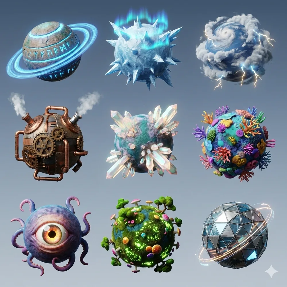 Nine divergent planet-themed 3D icon concepts exploring Orbello visual language