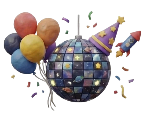 Playful disco-planet party icon with balloons and confetti for events and activities