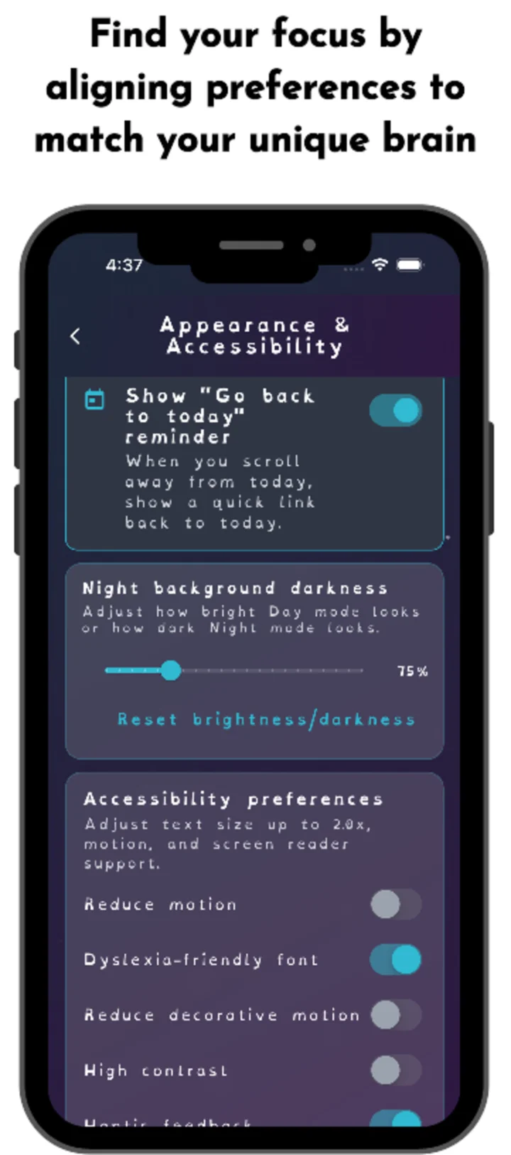 Orbello Appearance and Accessibility settings including reduce motion and dyslexia-friendly font