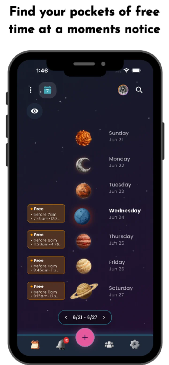 Orbello week view helping users find pockets of free time quickly