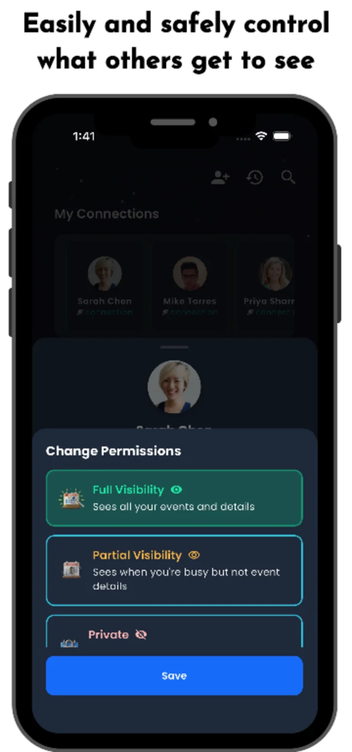 Orbello permissions screen with Full, Partial, and Private visibility options