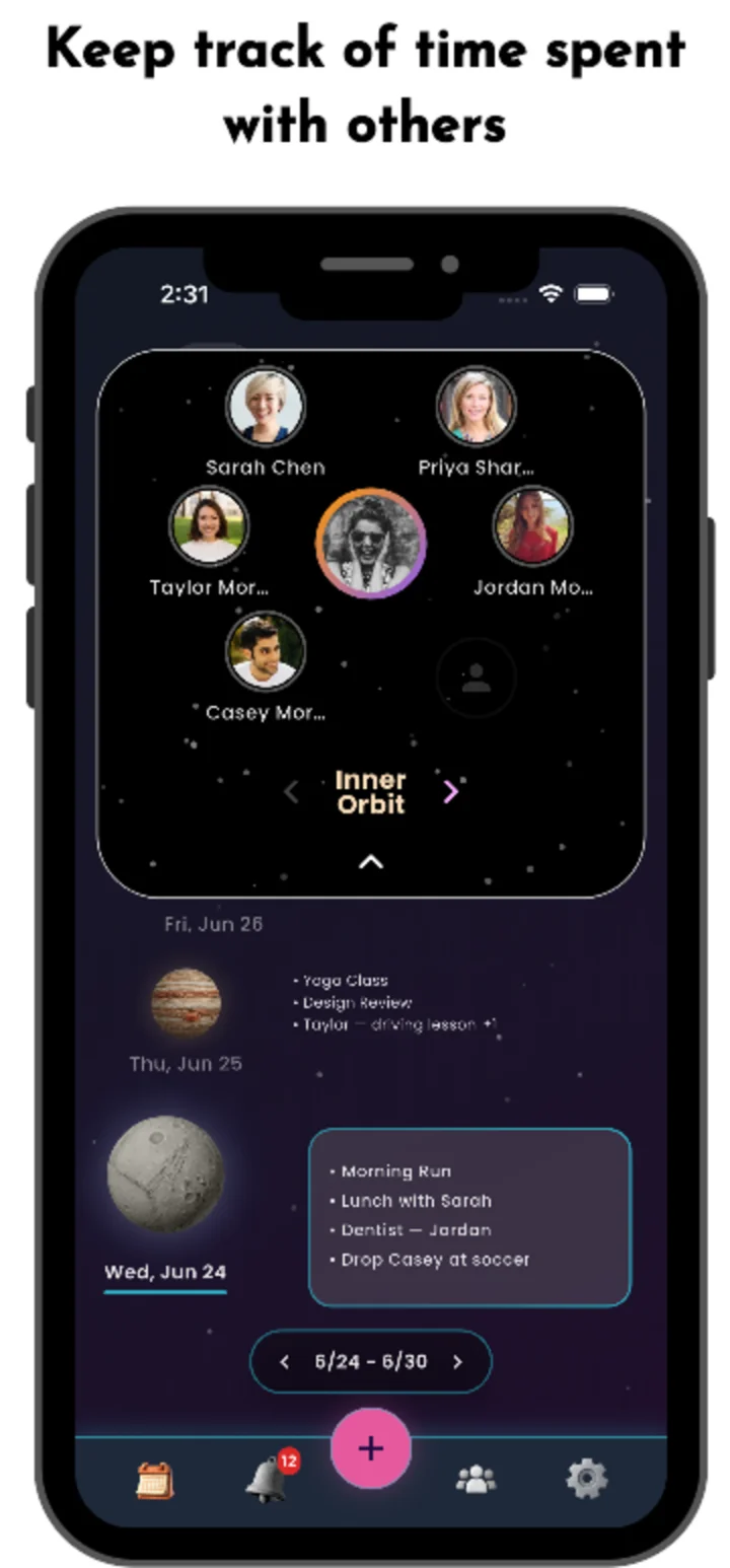 Orbello screen highlighting time spent with people in the user's orbit