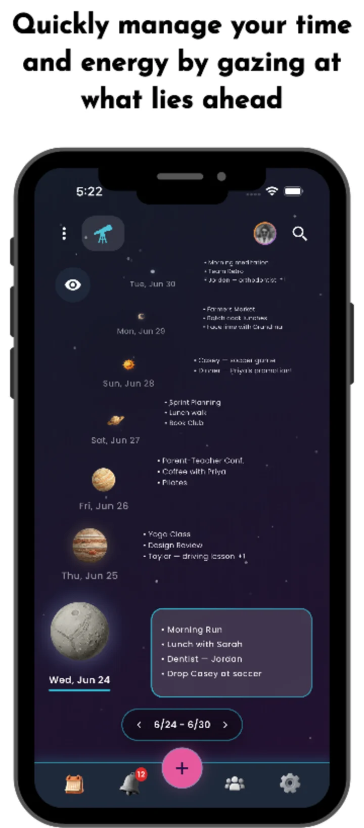 Orbello forward-looking week timeline for managing time and energy