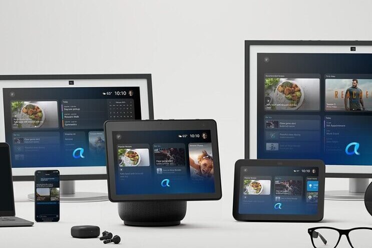 An image of smart assistants on various devices, including tablets, phones, laptops, and glasses.